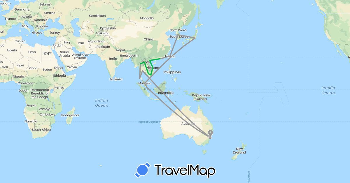 TravelMap itinerary: driving, bus, plane in Australia, China, Japan, Cambodia, South Korea, Laos, Malaysia, Singapore, Thailand, Taiwan, Vietnam (Asia, Oceania)
